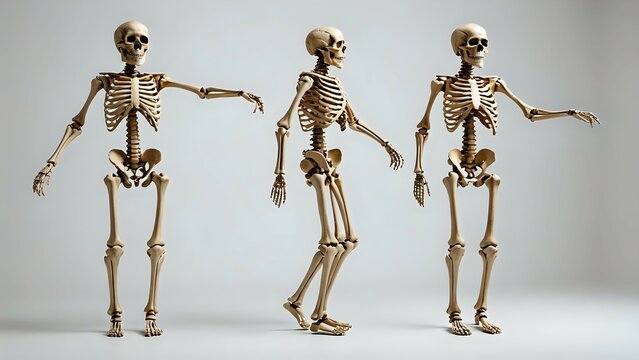 Anatomical Human Skeletons Standing in Different Poses on Grey Background