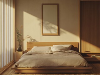 A bed with a white comforter and pillows. A mirror is on the wall. A vase with flowers is on a table