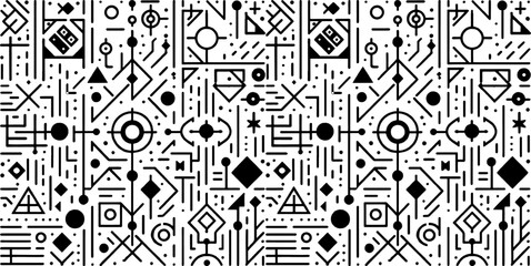 A seamless pattern in minimal flat design, pattern, clean bold outlines, white background with geometric futuristic shapes, evenly spaced and tileable