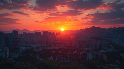 Fototapeta premium Fiery Sunset Over Urban Skyline