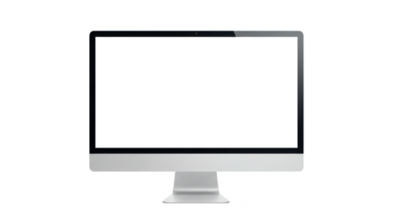 A minimalist computer monitor with a black screen and a silver stand isolated on black background