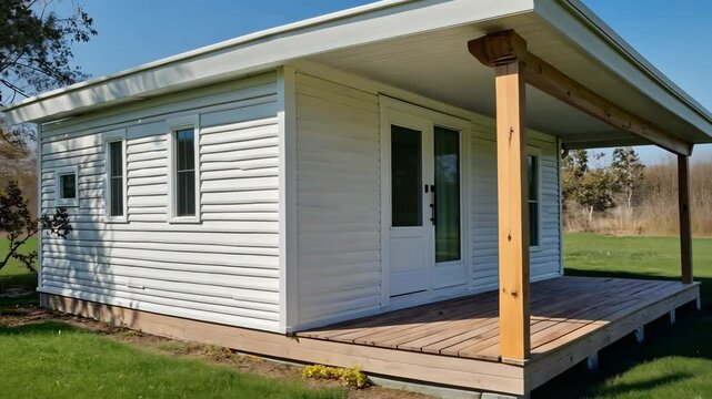 Small, bright white, modern prefabricated house with wooden deck and post supports, outdoor setting.