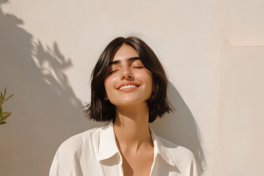 Smiling young caucasian woman enjoying sunlight outdoors in white shirt