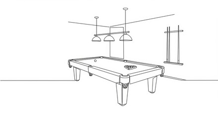 Minimalist billiards room line drawing with table cue sticks and stark white backdrop