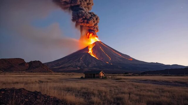 A powerful volcano erupts in the distance, sending plumes of ash and smoke into the sky as a lone house stands silently in the rural foreground.


