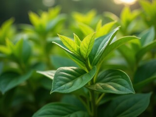 Fototapeta premium medicinal herbs and berries, traditional medicine Lush green plant with a leafy green stem. The leaves are wet and shiny. The plant is full