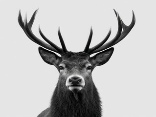 Naklejka premium Stag with extended antlers on white background standing upright in calm expression showcasing wildlife majesty sharp detail and animal symbolism in 4k high quality style