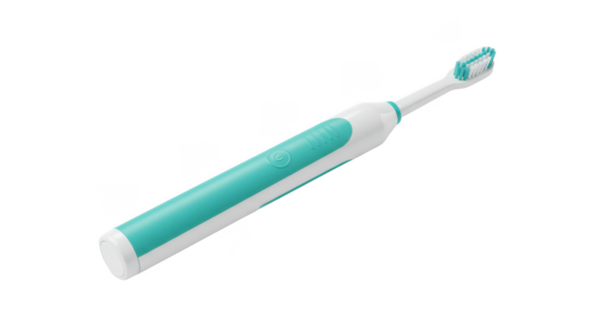 A close up shot of a white and teal electric toothbrush against a black background in a studio setting