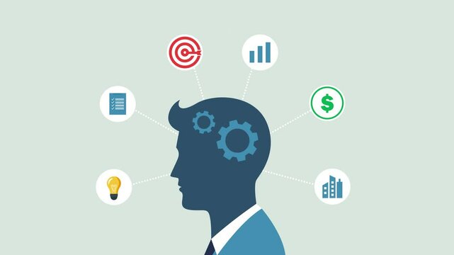 animated businessman mind with gear cog wheel.animation businessman think for success business.step by step reach goal
