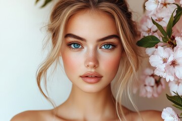 Fototapeta premium woman with blossoms and long blonde hair