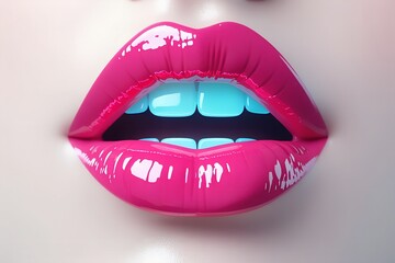 Obraz premium Glossy pink lips with bright shine and blue teeth in surreal close-up beauty render