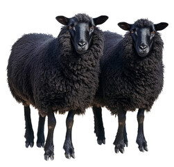 Two black sheep, full body photo with transparent background