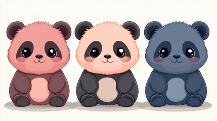 Obraz premium Adorable illustration of three colorful cartoon pandas sitting side by side in a cute style.