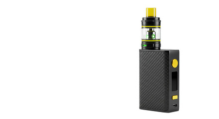 A close up of a black and yellow vape device against a stark black background on the right side