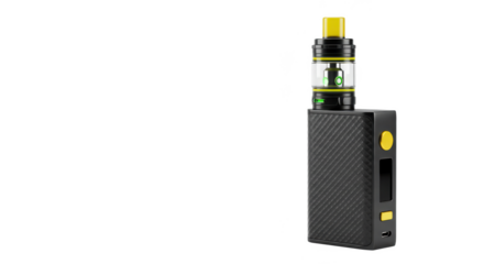 A close up of a black and yellow vape device against a stark black background on the right side