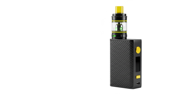 A close up of a black and yellow vape device against a stark black background on the right side