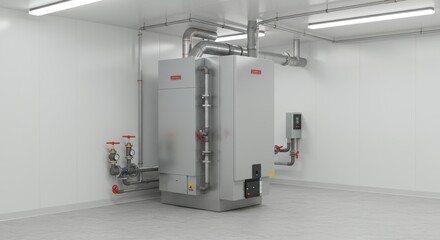 Industrial boiler system showcased in a pristine white utility room setting with clean lines