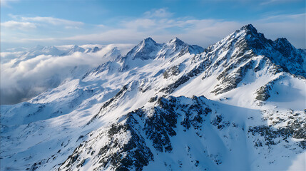 Obraz premium Snow Covered Mountain Peaks at Sunrise, Ideal for Meditation, Scenic Presentations, Website Backgrounds, and Calm Nature Visuals