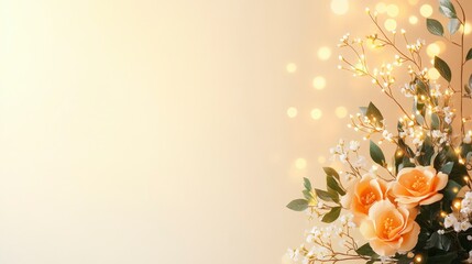 Elegant floral arrangement with roses and bokeh lights on a soft beige background, perfect for serene settings.