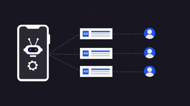 animation AI personalized advertising. Targeted digital marketing and contextual, banner or native programmatic advertising. AI-Powered ads in Ecommerce for increase customer retention