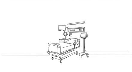 Minimalist Line Art Depicting Hospital Patient Room with Bed and Medical Equipment
