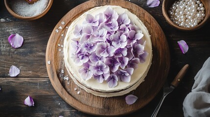 Elegant Cake with Purple Hydrangeas and Edible Pearls on Rustic Wooden Board with Scattered Petals and Kitchen Tools