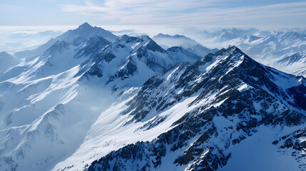 Obraz premium Snow Covered Mountain Peaks at Sunrise, Ideal for Meditation, Scenic Presentations, Website Backgrounds, and Calm Nature Visuals