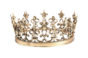 A golden crown with fleur-de-lis, ornately decorated. Symbol of royalty and status, elegantly crafted on a transparent background