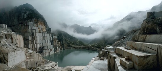 A misty marble quarry with a tranquil lake in the foreground, surrounded by towering stone cliffs and a lone tree. Misty atmosphere blends industrial starkness with natural serenity. 