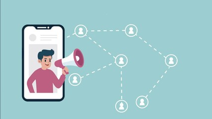 animation man holding megaphone for affiliate marketing.animated Profitable partnership, affiliate referral business network. Word-of-mouth digital marketing brand partnerships with social media
