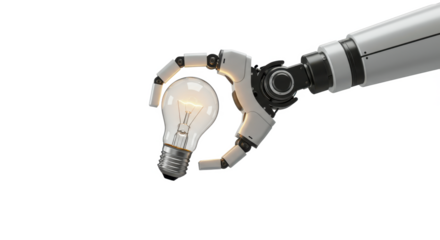 A robot arm holding a lit lightbulb against a stark black background in a studio setting