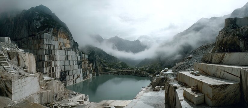 A misty marble quarry with a tranquil lake in the foreground, surrounded by towering stone cliffs and a lone tree. Misty atmosphere blends industrial starkness with natural serenity. 