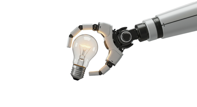 A robot arm holding a lit lightbulb against a stark black background in a studio setting