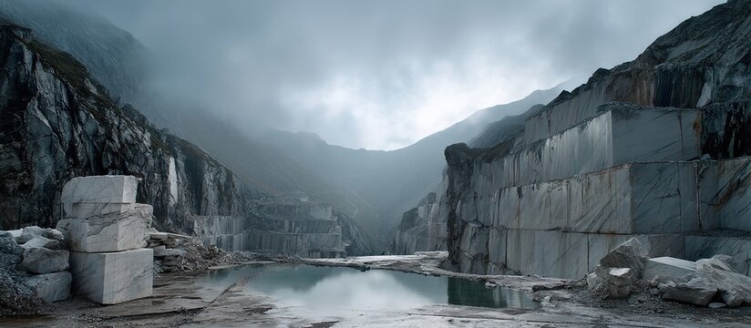 A misty marble quarry with a tranquil lake in the foreground, surrounded by towering stone cliffs and a lone tree. Misty atmosphere blends industrial starkness with natural serenity. 