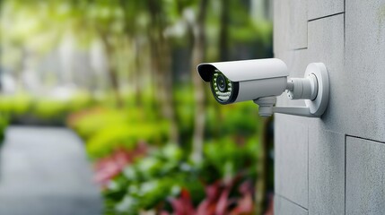 A security camera mounted on a wall overlooks a lush garden pathway, blending technology with nature.