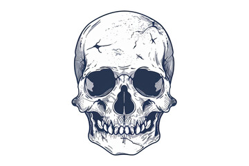Fototapeta premium Striking skull illustration transparent background. Detailed with visible cracks, showcasing bone structure, emphasizing mortality, and intricate details