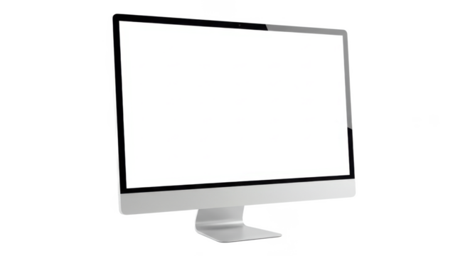 Silver computer monitor with a blank white screen on a white stand against a black background - Powered by Adobe