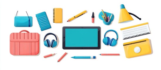Student's workspace tablet, stationery, & headphones
