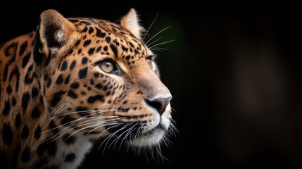 Fototapeta premium Wild jaguar caught mid expression on dark textured background showing sharp eyes spotted coat and intense predator energy with full detail animal realism photography
