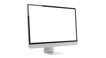 A minimalist computer monitor with a black screen and silver stand isolated on a plain background