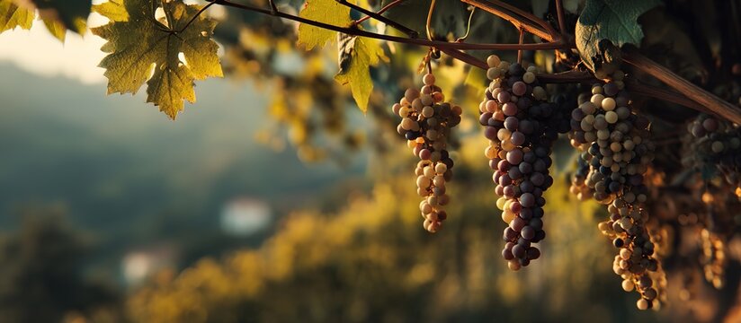 Vine-ripened grapes in green and light-purple clusters hanging from grapevines, withered yellow leaves nearby. Blurred hills and warm sunlight in a pastoral autumn scene