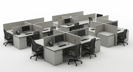 Open-plan office interior showing multiple workstation cubicles in neat arrangement