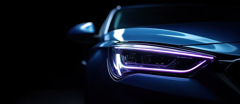 A close-up of the front part of a car, mainly showing the headlights. The car body is deep blue with a streamlined design.