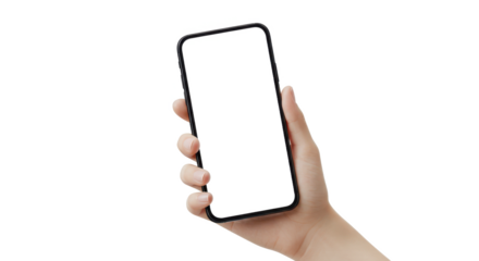 Hand holding a black smartphone with a blank screen against a black background in a studio shot