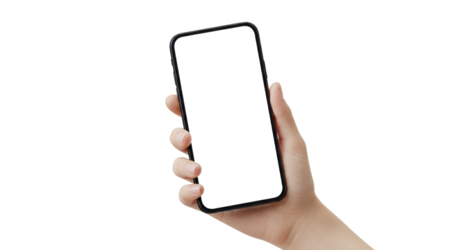 Hand holding a black smartphone with a blank screen against a black background in a studio shot