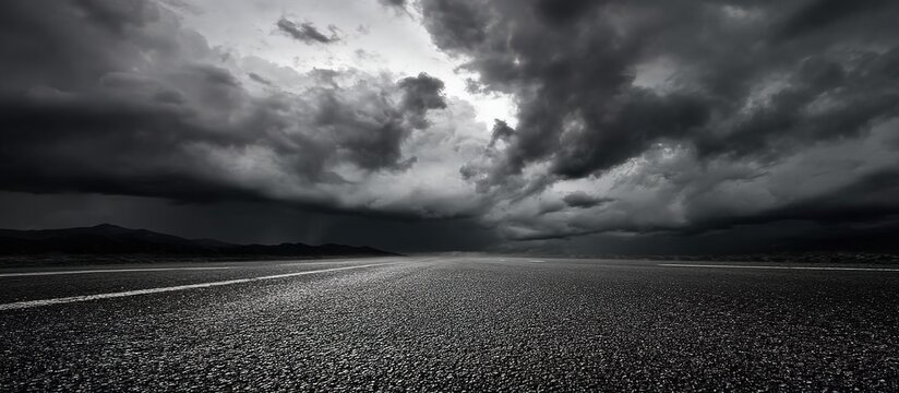A straight asphalt road stretches into the distance. Above it, the sky is filled with dark clouds, and light beams penetrate through the gaps.