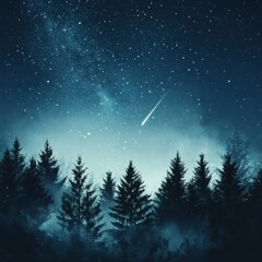 Fototapeta premium Shooting star flying over misty forest at night under milky way galaxy