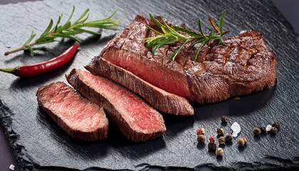 Sliced grilled beef steak with spices on slate slab