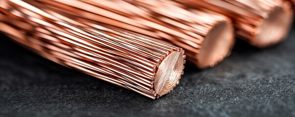Close-up image of copper wire strands, showcasing their metallic shine and intricate details against a dark background.