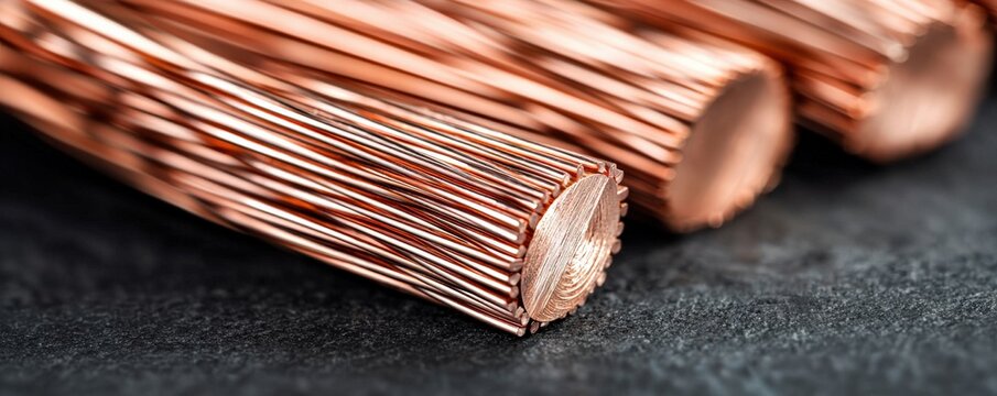 Close-up image of copper wire strands, showcasing their metallic shine and intricate details against a dark background.